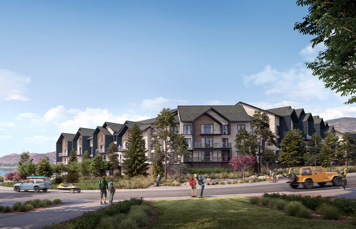 A modern multi-story apartment complex with gabled roofs, constructed by New West Construction, is elegantly nestled among trees. Nearby, pedestrians stroll along the roadway as cars pass by, adding life to this serene setting.
